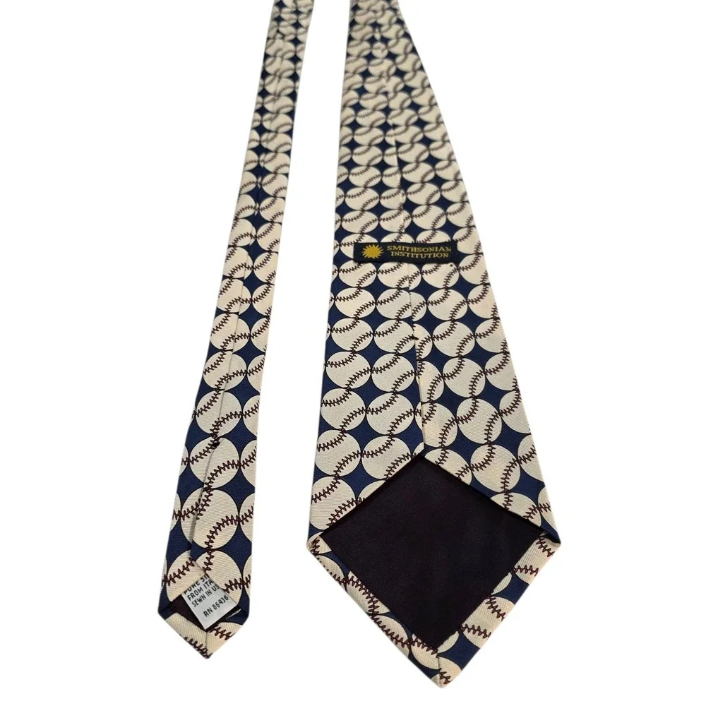 Smithsonian Institution Baseball Pattern Silk Tie Made in‎ USA Blue Cream Sports